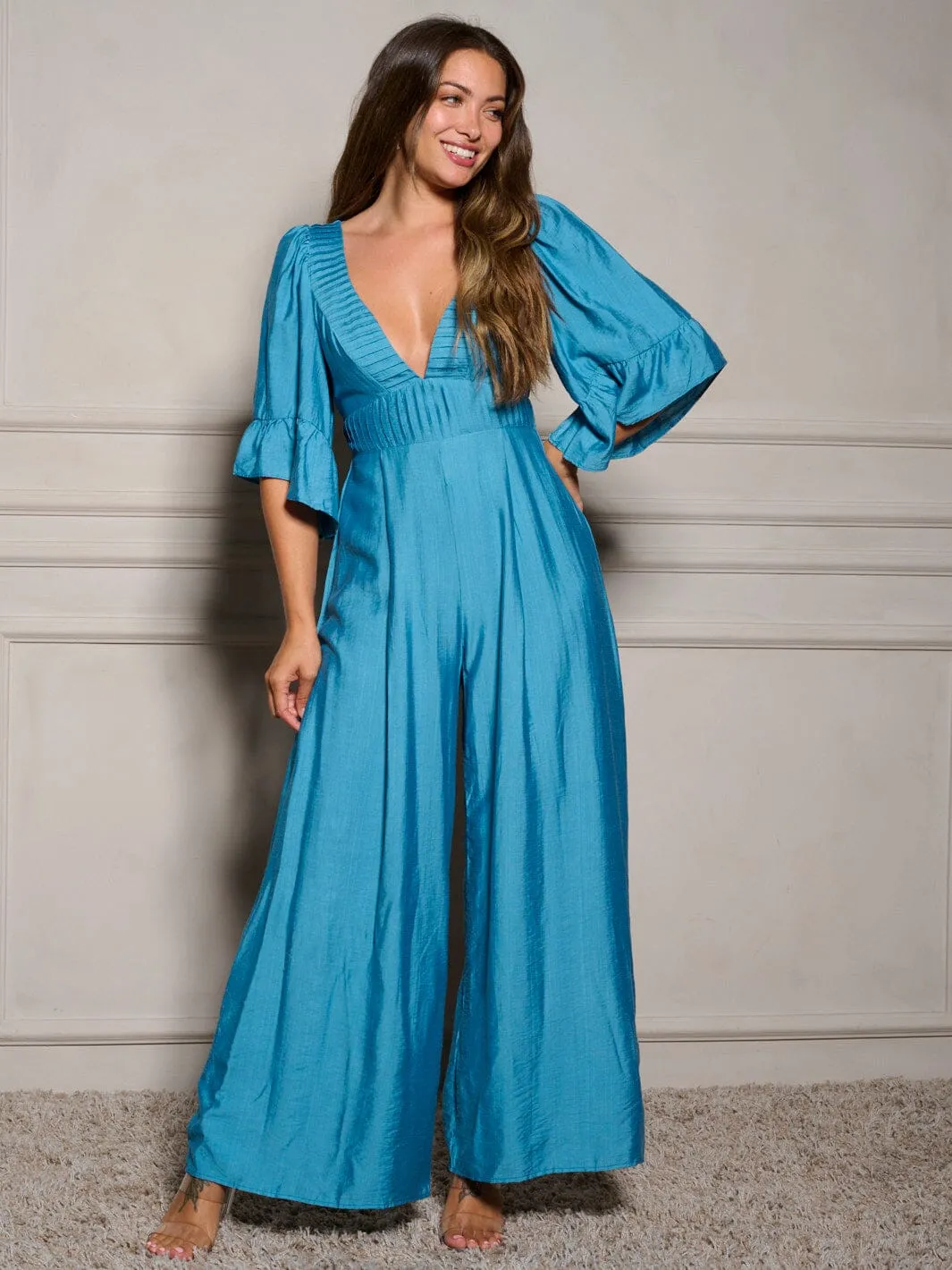 WOMEN'S 3/4 RUFFLE SLEEVE V-NECK DETAILED WIDE LEG JUMPSUIT