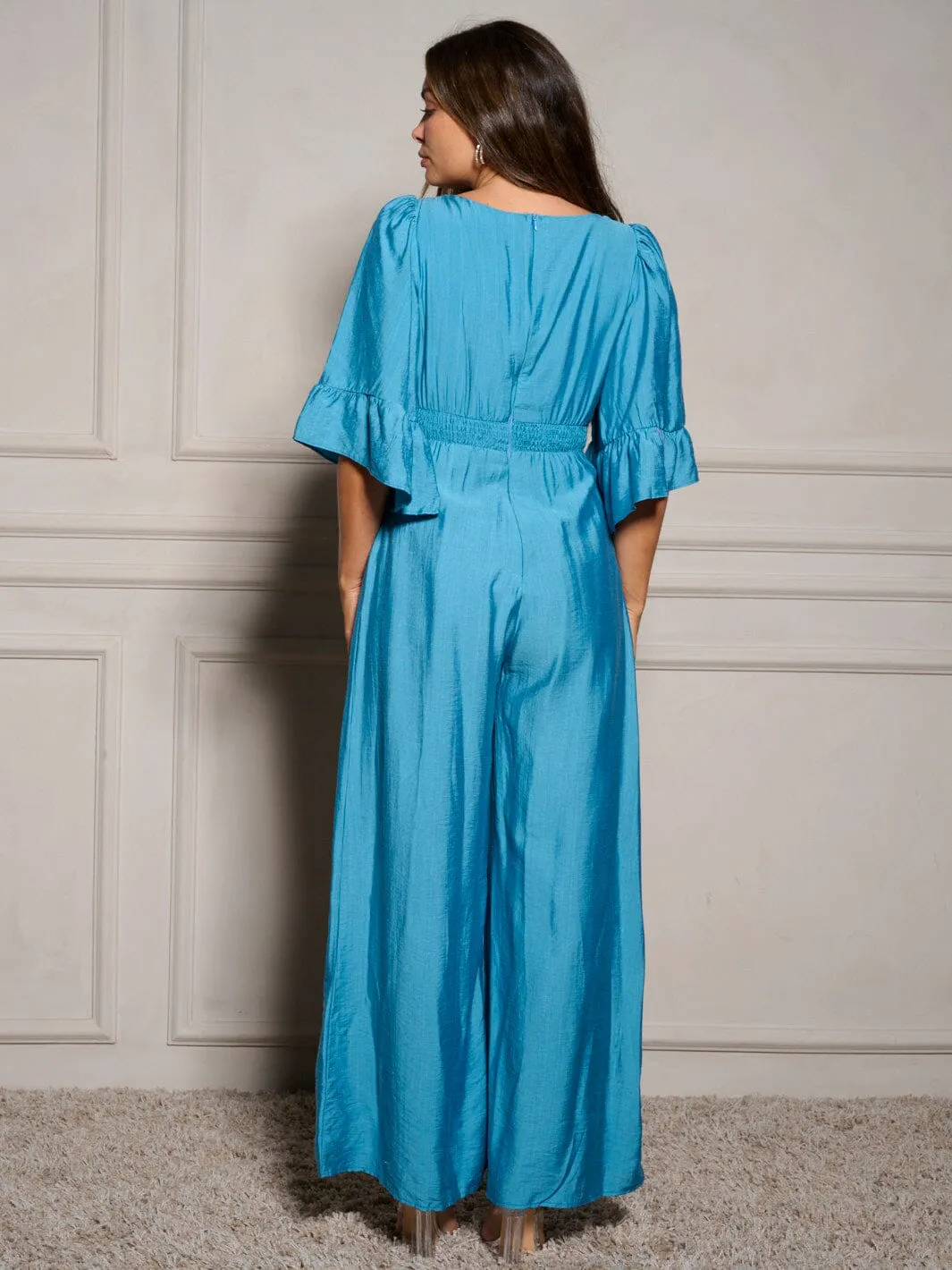 WOMEN'S 3/4 RUFFLE SLEEVE V-NECK DETAILED WIDE LEG JUMPSUIT