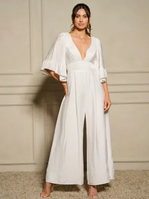 WOMEN'S 3/4 RUFFLE SLEEVE V-NECK DETAILED WIDE LEG JUMPSUIT