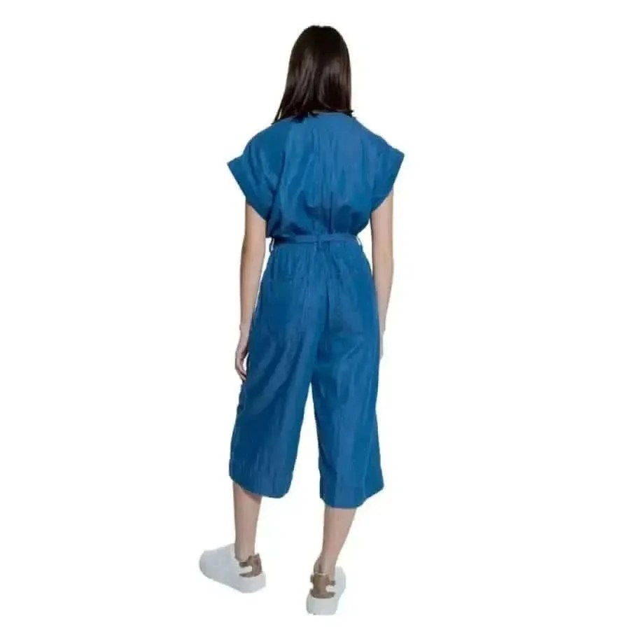 Women's Blue V-Neck Jumpsuit with Lace Trim