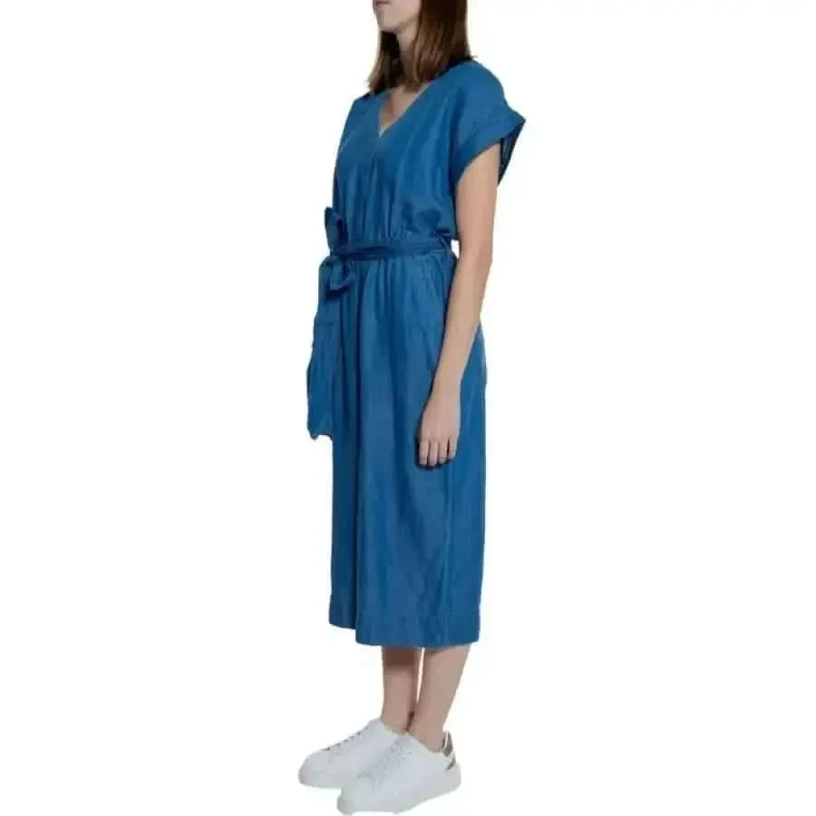 Women's Blue V-Neck Jumpsuit with Lace Trim