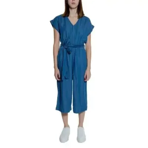 Women's Blue V-Neck Jumpsuit with Lace Trim