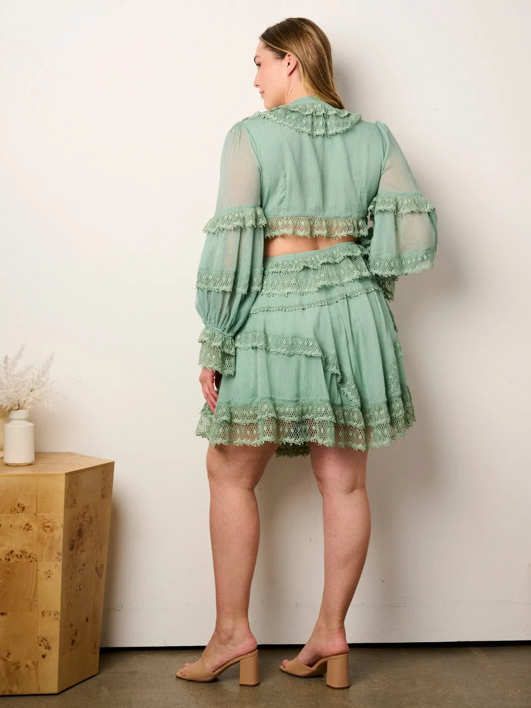 WOMEN'S LON SLEEVE CROP TOP & MINI SKIRT RUFFLE DETAILED 2PCS. SET