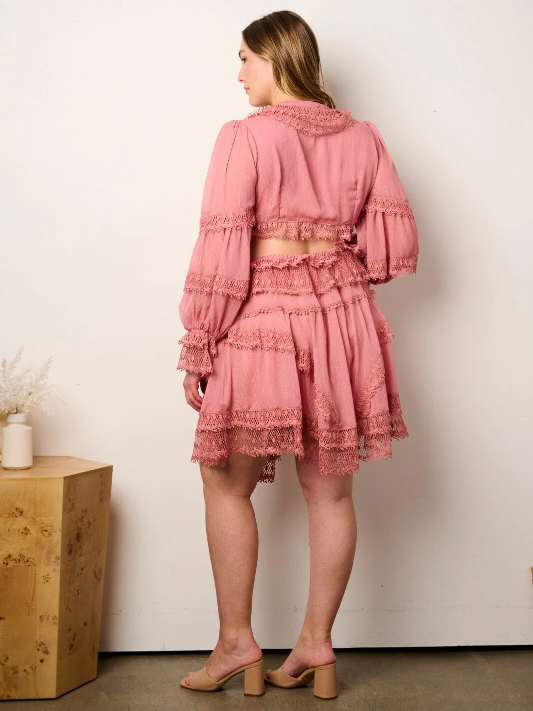 WOMEN'S LON SLEEVE CROP TOP & MINI SKIRT RUFFLE DETAILED 2PCS. SET