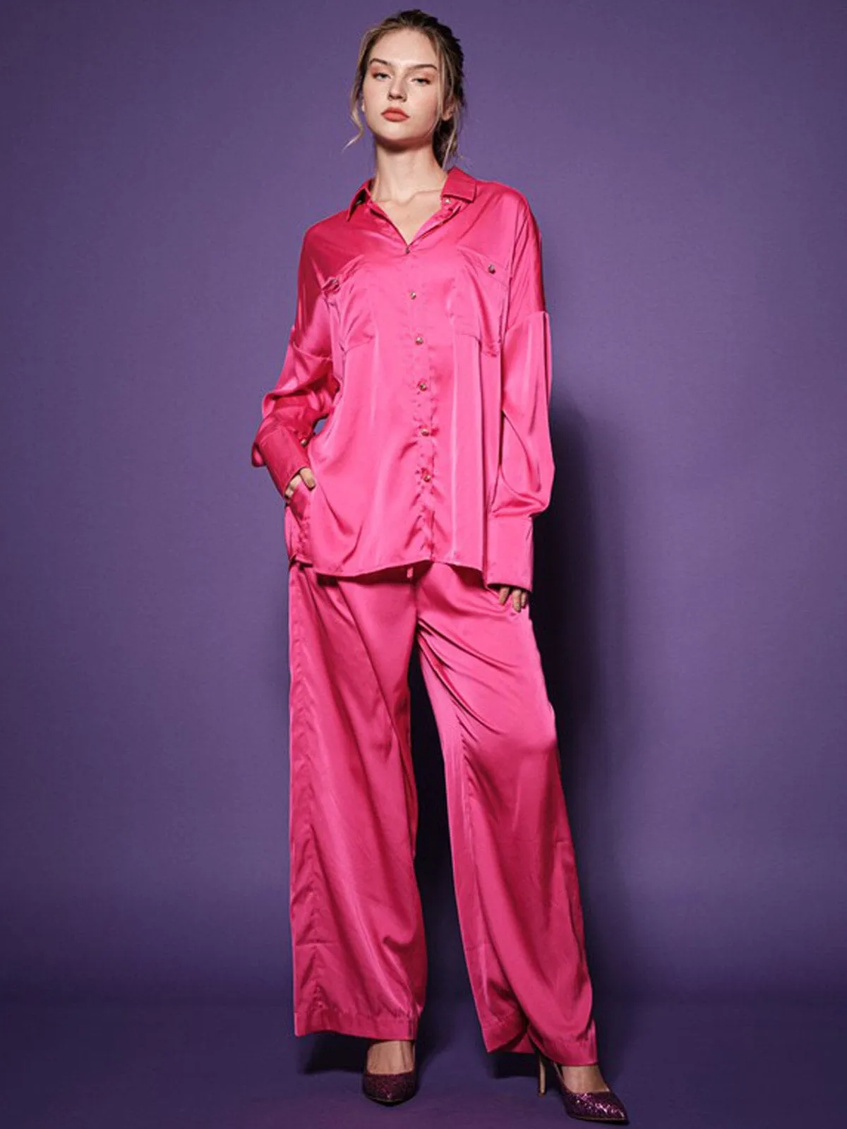 WOMEN'S LONG RUFFLE SLEEVE TOP & WIDE LEG PANTS SATIN 2PC. SET