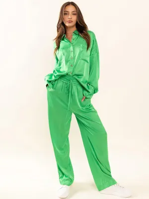 WOMEN'S LONG RUFFLE SLEEVE TOP & WIDE LEG PANTS SATIN 2PC. SET
