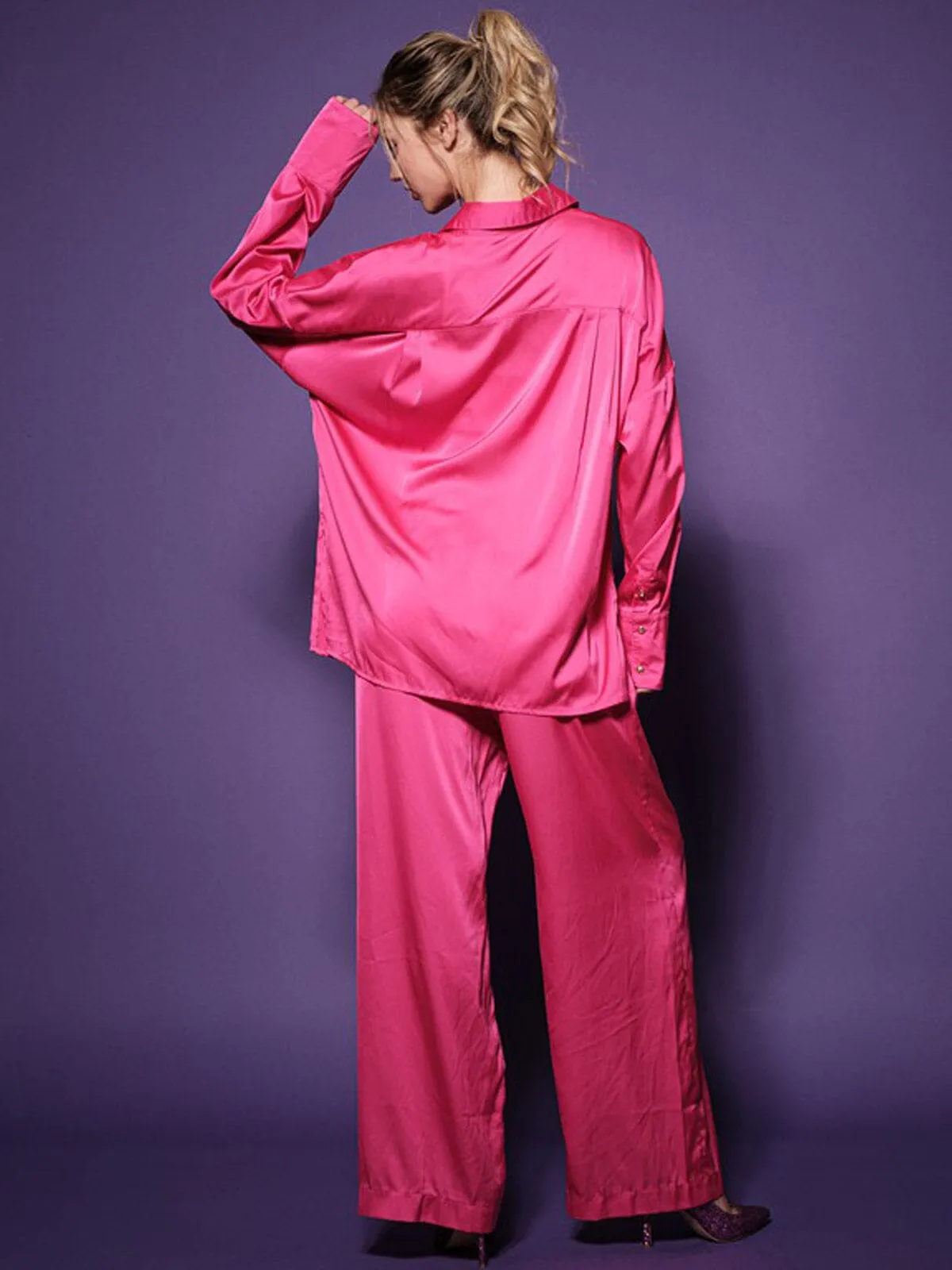 WOMEN'S LONG RUFFLE SLEEVE TOP & WIDE LEG PANTS SATIN 2PC. SET