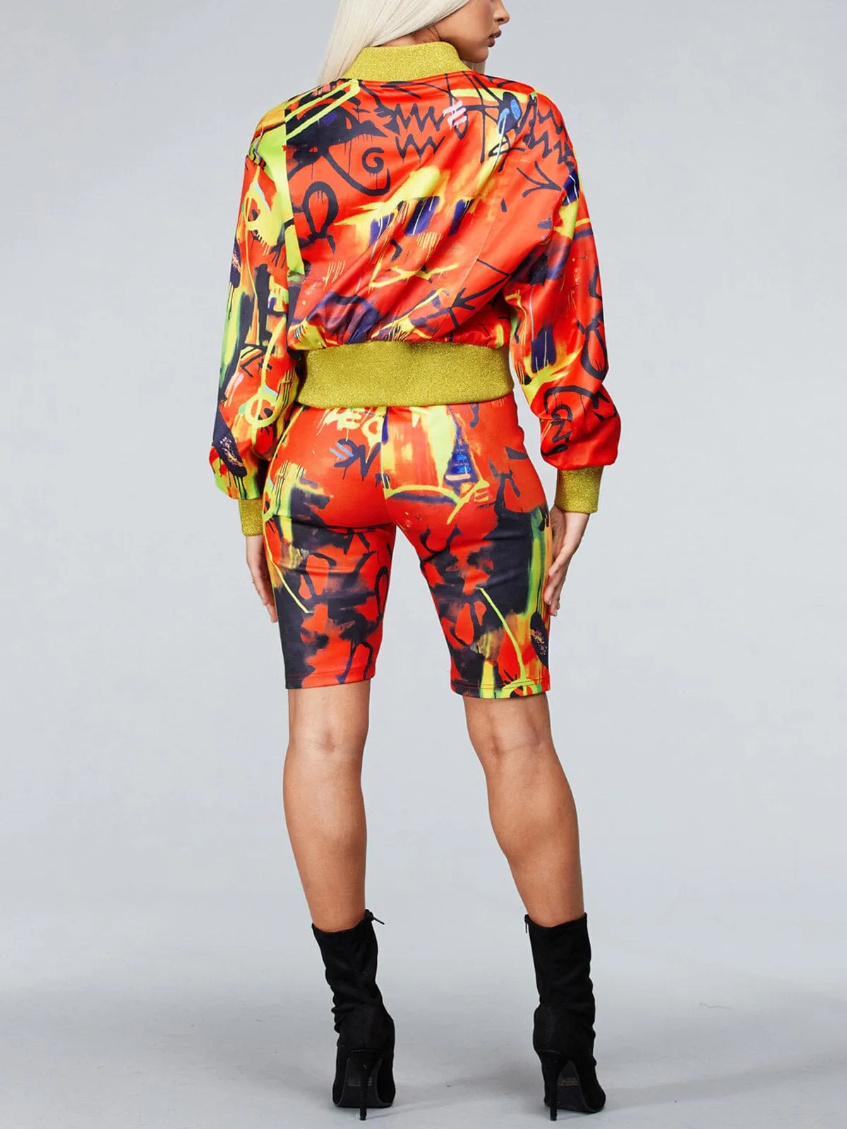 WOMEN'S LONG SLEEVE JACKET  & SHORTS GRAPHIC SET