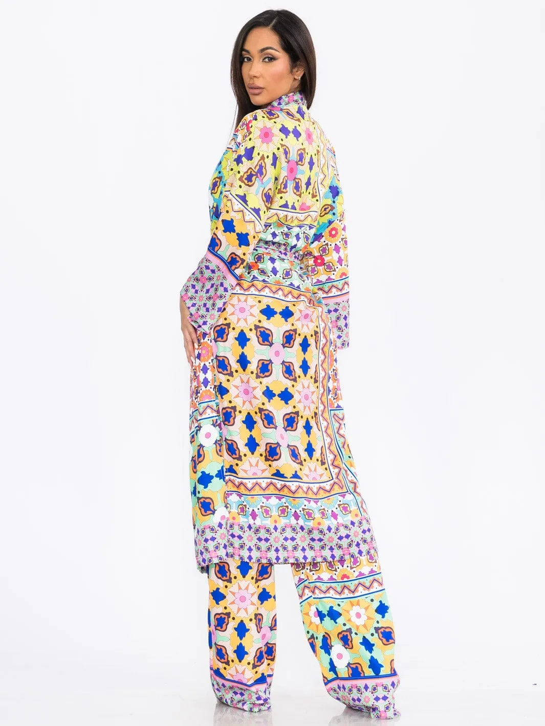WOMEN'S LONG SLEEVE KIMONO & WIDE LEG PANTS MULTI PRINT 2PC. SET