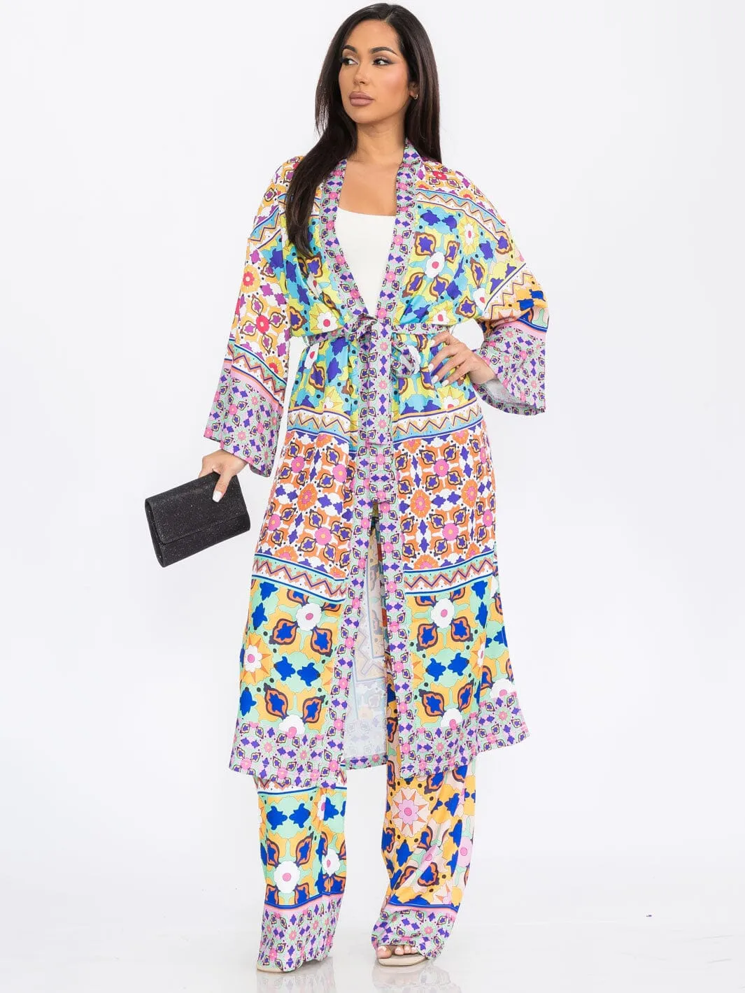 WOMEN'S LONG SLEEVE KIMONO & WIDE LEG PANTS MULTI PRINT 2PC. SET