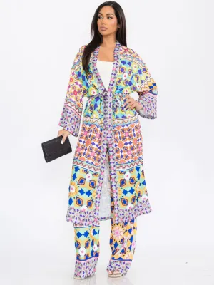 WOMEN'S LONG SLEEVE KIMONO & WIDE LEG PANTS MULTI PRINT 2PC. SET