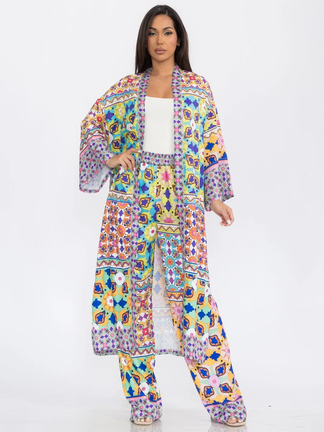 WOMEN'S LONG SLEEVE KIMONO & WIDE LEG PANTS MULTI PRINT 2PC. SET