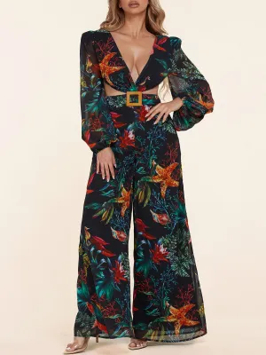WOMEN'S LONG SLEEVE V-NECK OPEN BACK MULTI PRINT JUMPSUIT