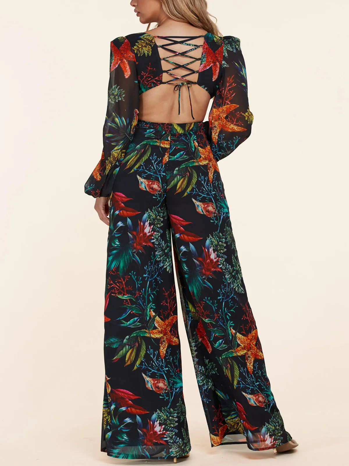 WOMEN'S LONG SLEEVE V-NECK OPEN BACK MULTI PRINT JUMPSUIT