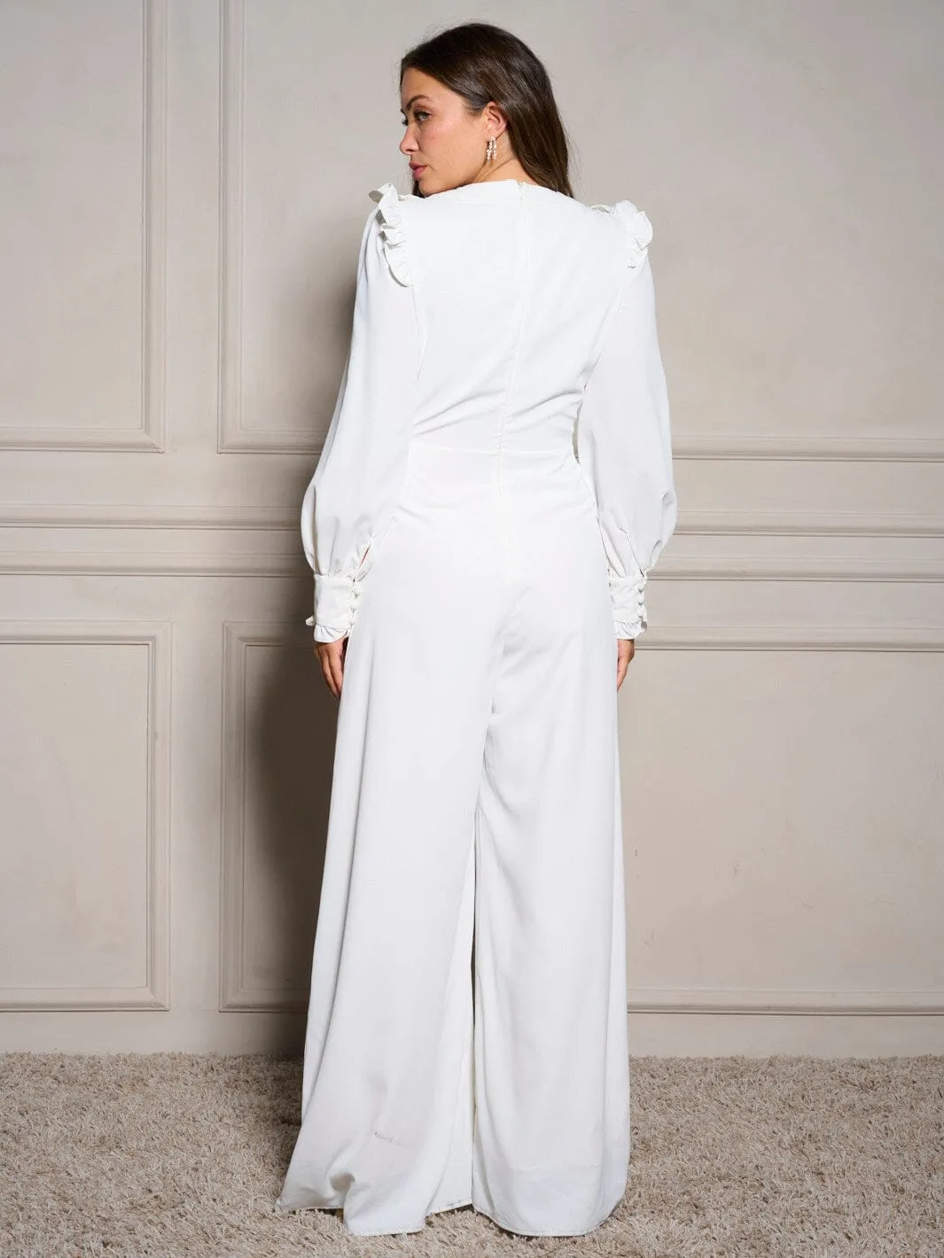 WOMEN'S LONG SLEEVE V-NECK RUFFLE SELF TIE WIDE LEG JUMPSUIT