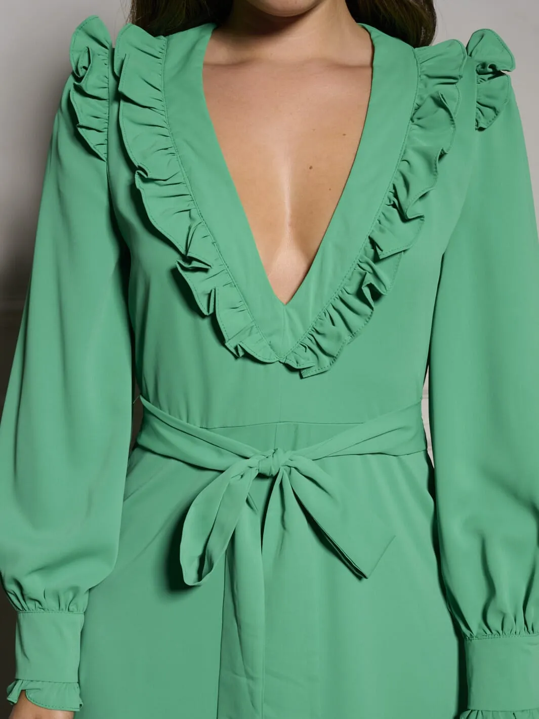 WOMEN'S LONG SLEEVE V-NECK RUFFLE SELF TIE WIDE LEG JUMPSUIT