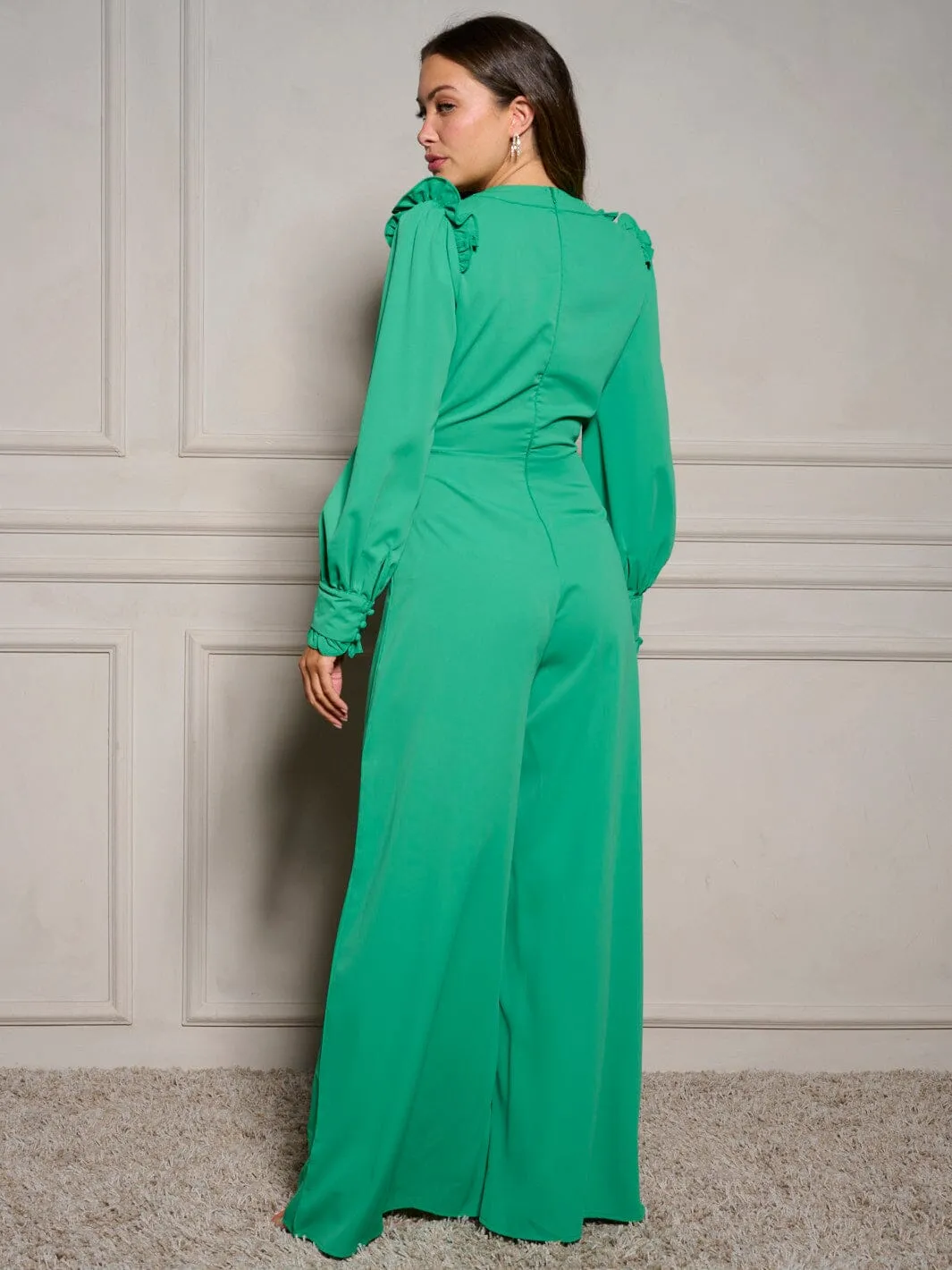 WOMEN'S LONG SLEEVE V-NECK RUFFLE SELF TIE WIDE LEG JUMPSUIT