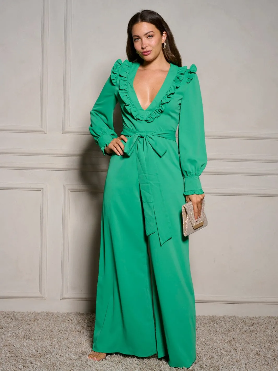 WOMEN'S LONG SLEEVE V-NECK RUFFLE SELF TIE WIDE LEG JUMPSUIT