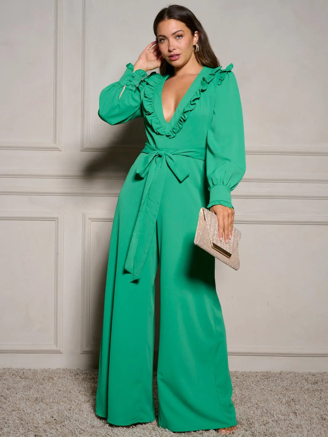 WOMEN'S LONG SLEEVE V-NECK RUFFLE SELF TIE WIDE LEG JUMPSUIT