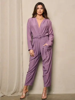 WOMEN'S LONG SLEEVE V-NECK SURPLICE POCKETS JUMPSUIT