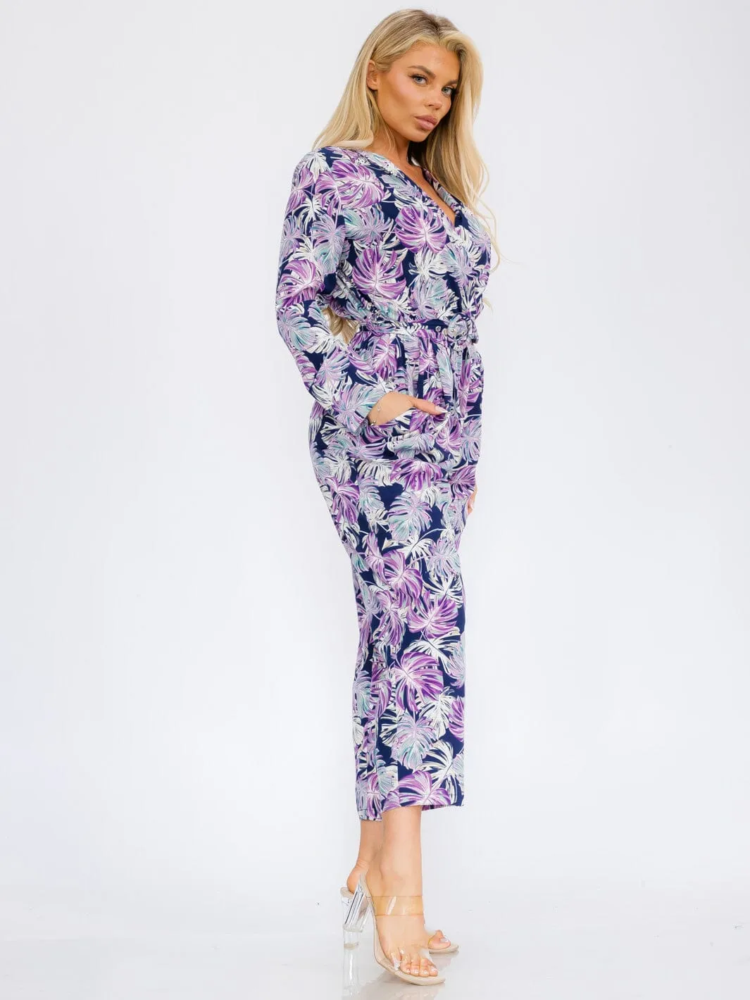 WOMEN'S LONG SLEEVE V-NECK SURPLICE POCKETS LEAF PRINT JUMPSUIT