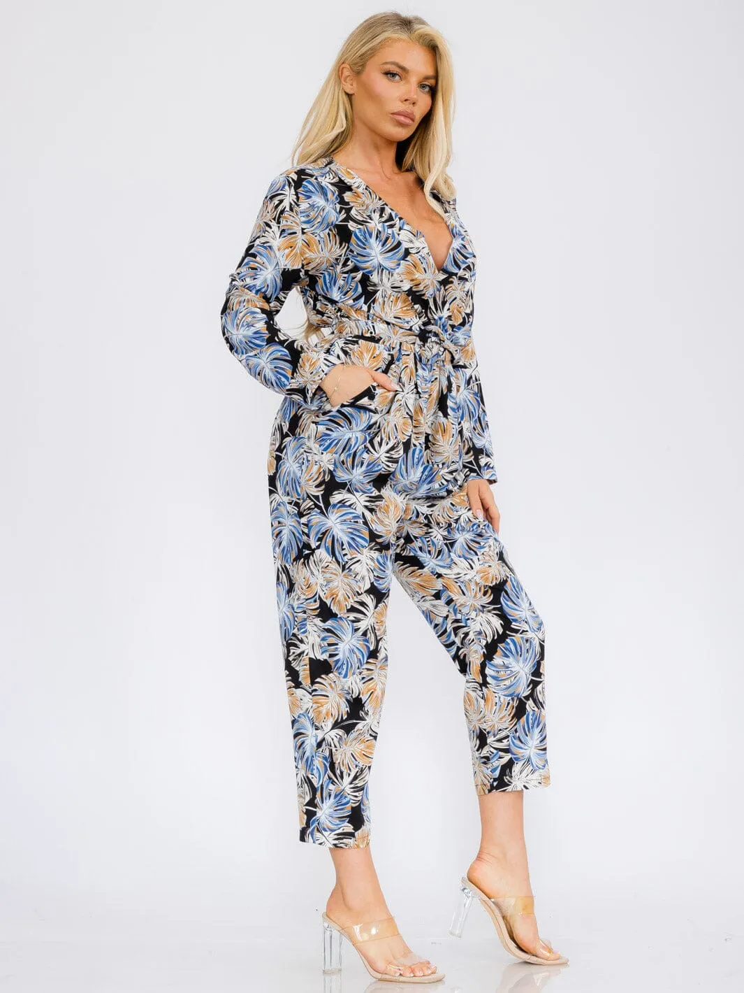 WOMEN'S LONG SLEEVE V-NECK SURPLICE POCKETS LEAF PRINT JUMPSUIT