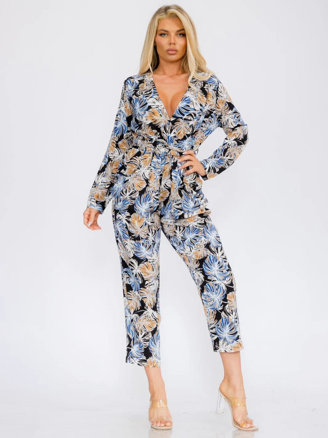 WOMEN'S LONG SLEEVE V-NECK SURPLICE POCKETS LEAF PRINT JUMPSUIT