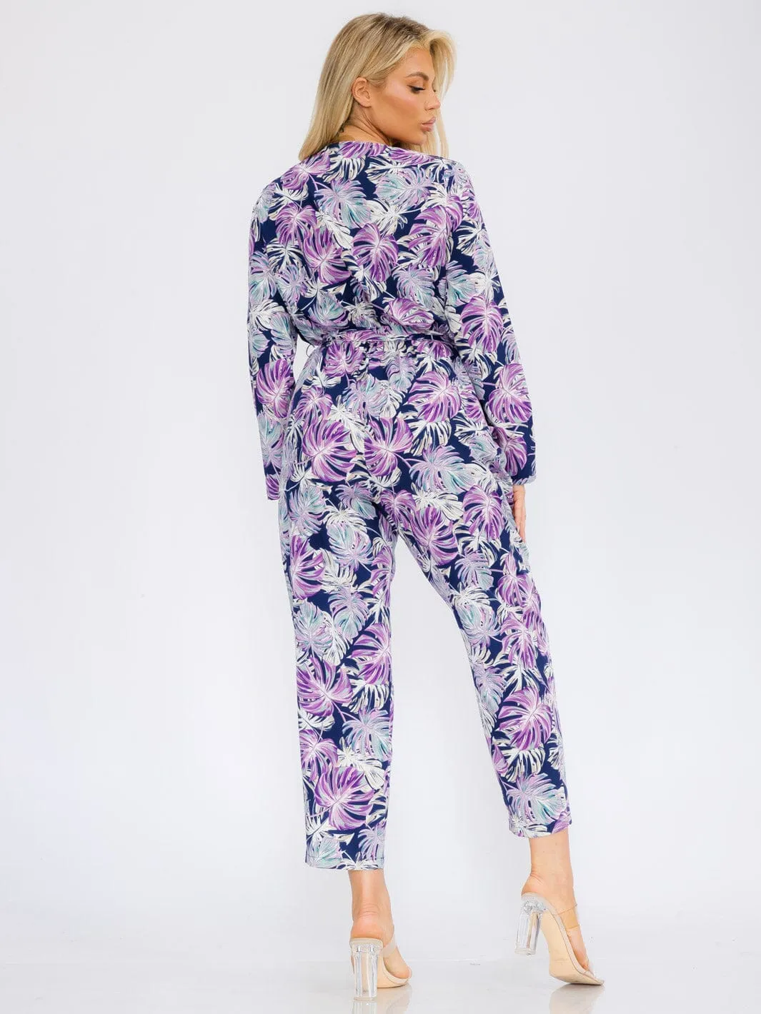 WOMEN'S LONG SLEEVE V-NECK SURPLICE POCKETS LEAF PRINT JUMPSUIT