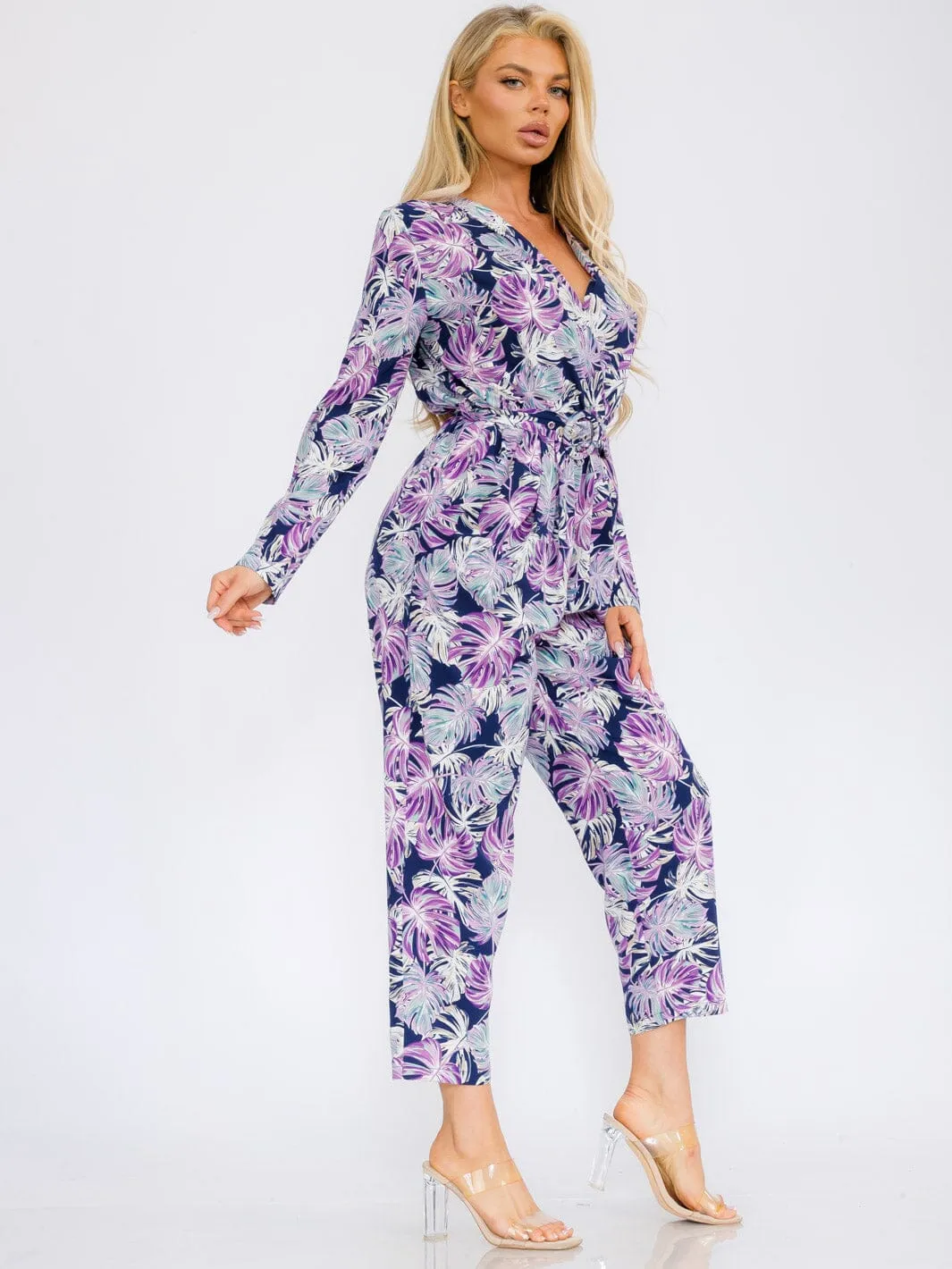 WOMEN'S LONG SLEEVE V-NECK SURPLICE POCKETS LEAF PRINT JUMPSUIT