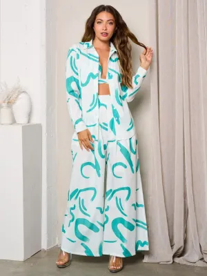WOMEN'S LONG SLEEVE W/BRA & WIDE LEG PANTS PRINTED 3PC. SET