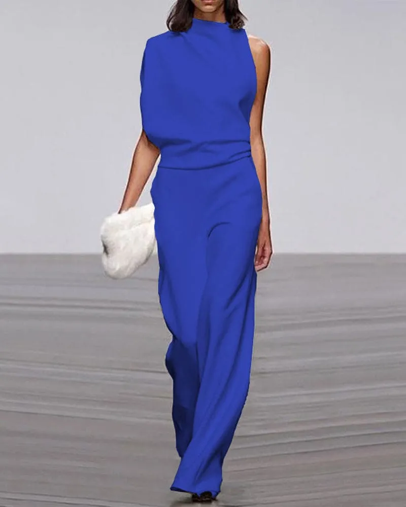 Women's mock neckline sleeveless wide leg jumpsuit