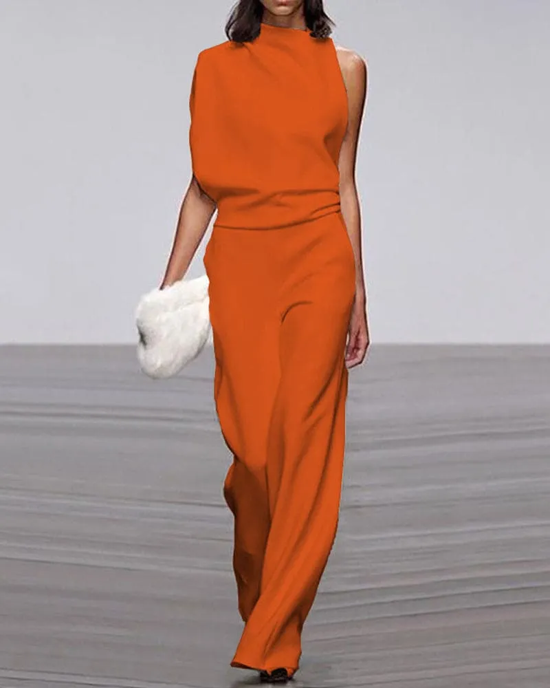 Women's mock neckline sleeveless wide leg jumpsuit
