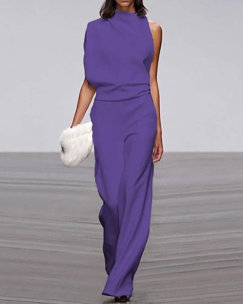 Women's mock neckline sleeveless wide leg jumpsuit
