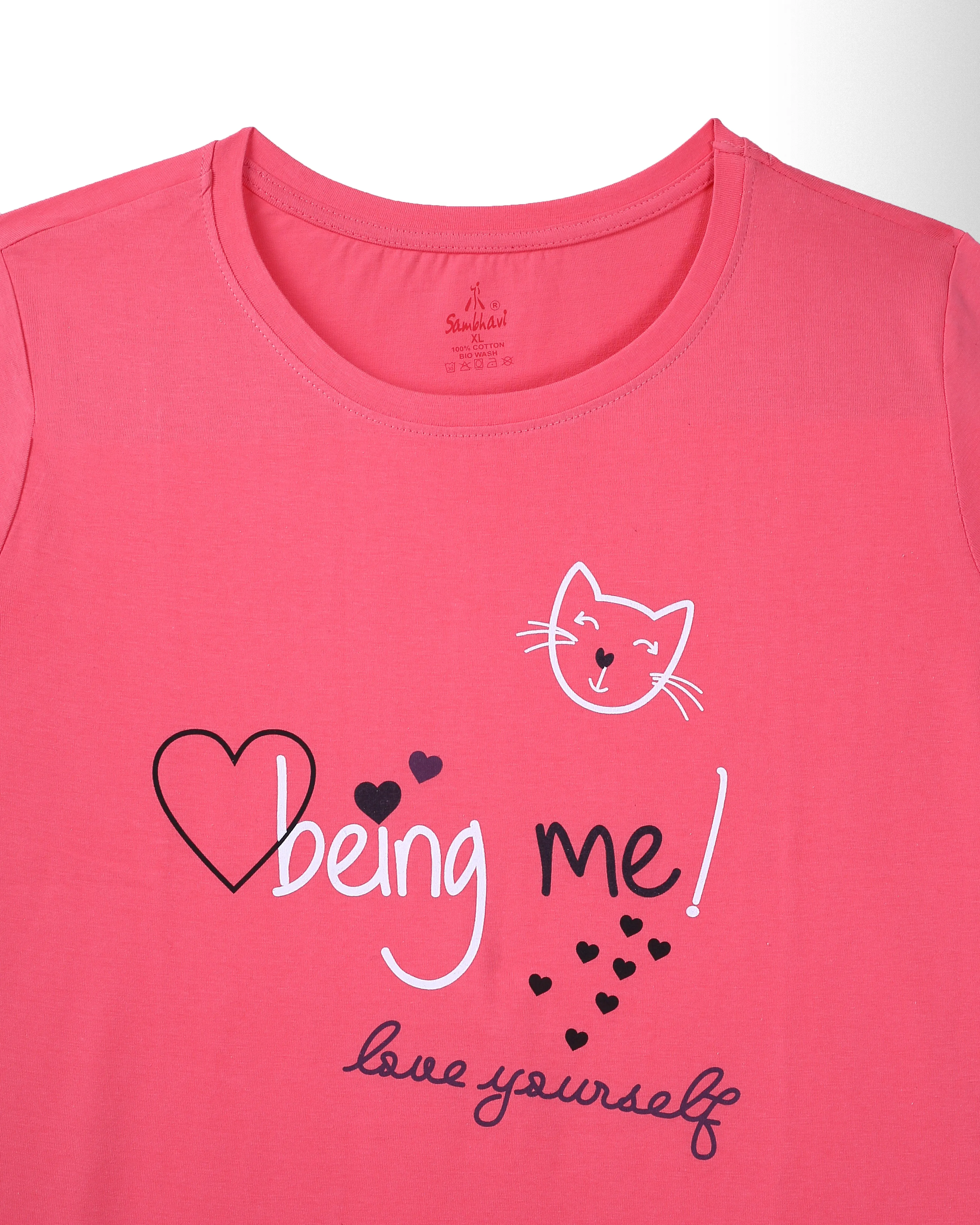 Womens Round Neck Regular Fit Pink T Shirts