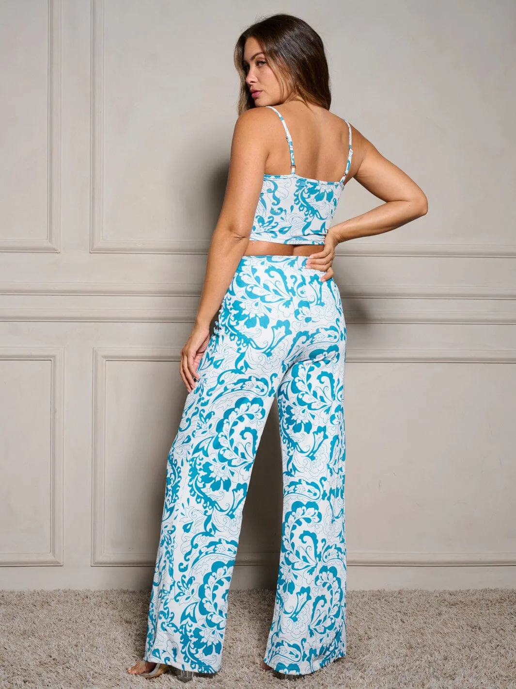 WOMEN'S RUCHED CROP TOP & WIDE LEG PANTS PRINTED 2PC. SET