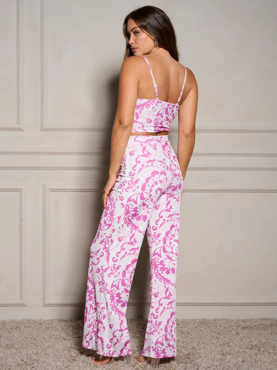 WOMEN'S RUCHED CROP TOP & WIDE LEG PANTS PRINTED 2PC. SET