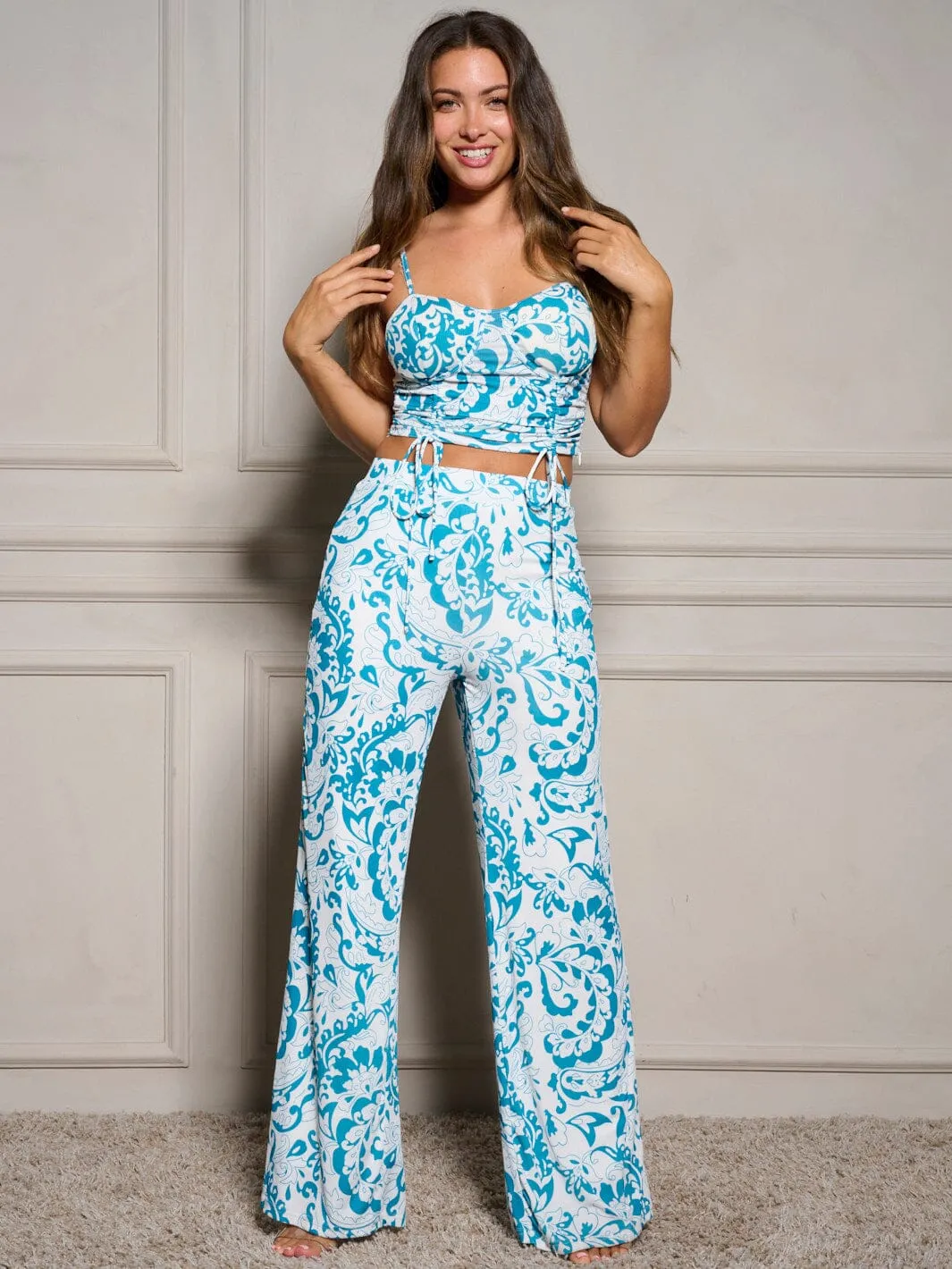 WOMEN'S RUCHED CROP TOP & WIDE LEG PANTS PRINTED 2PC. SET