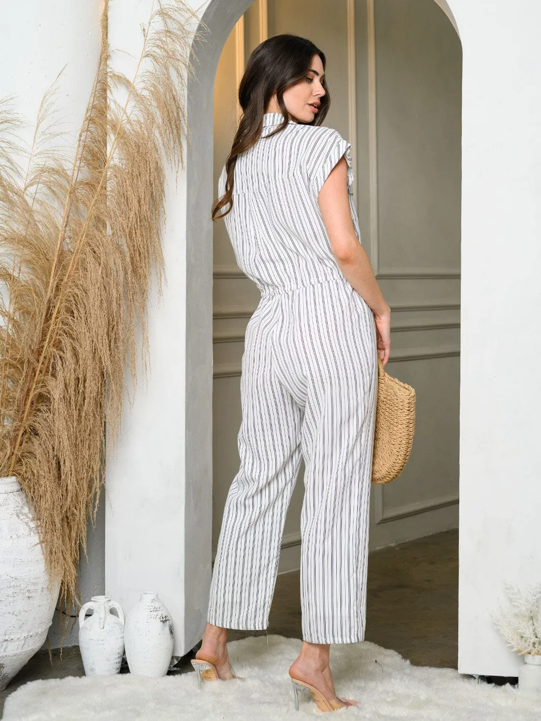 WOMEN'S SHORT SLEEVE BUTTON UP PIN STRIPPED POCKETS JUMPSUIT