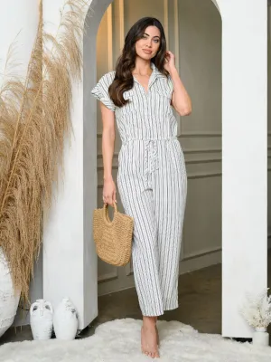 WOMEN'S SHORT SLEEVE BUTTON UP PIN STRIPPED POCKETS JUMPSUIT