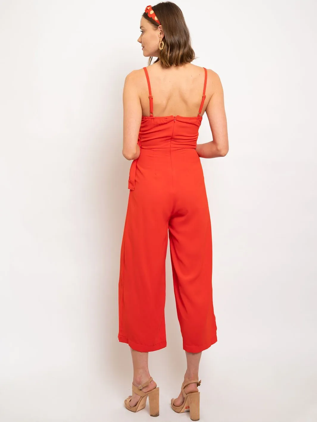 WOMEN'S SIDE TIE DETAIL RED JUMPSUIT