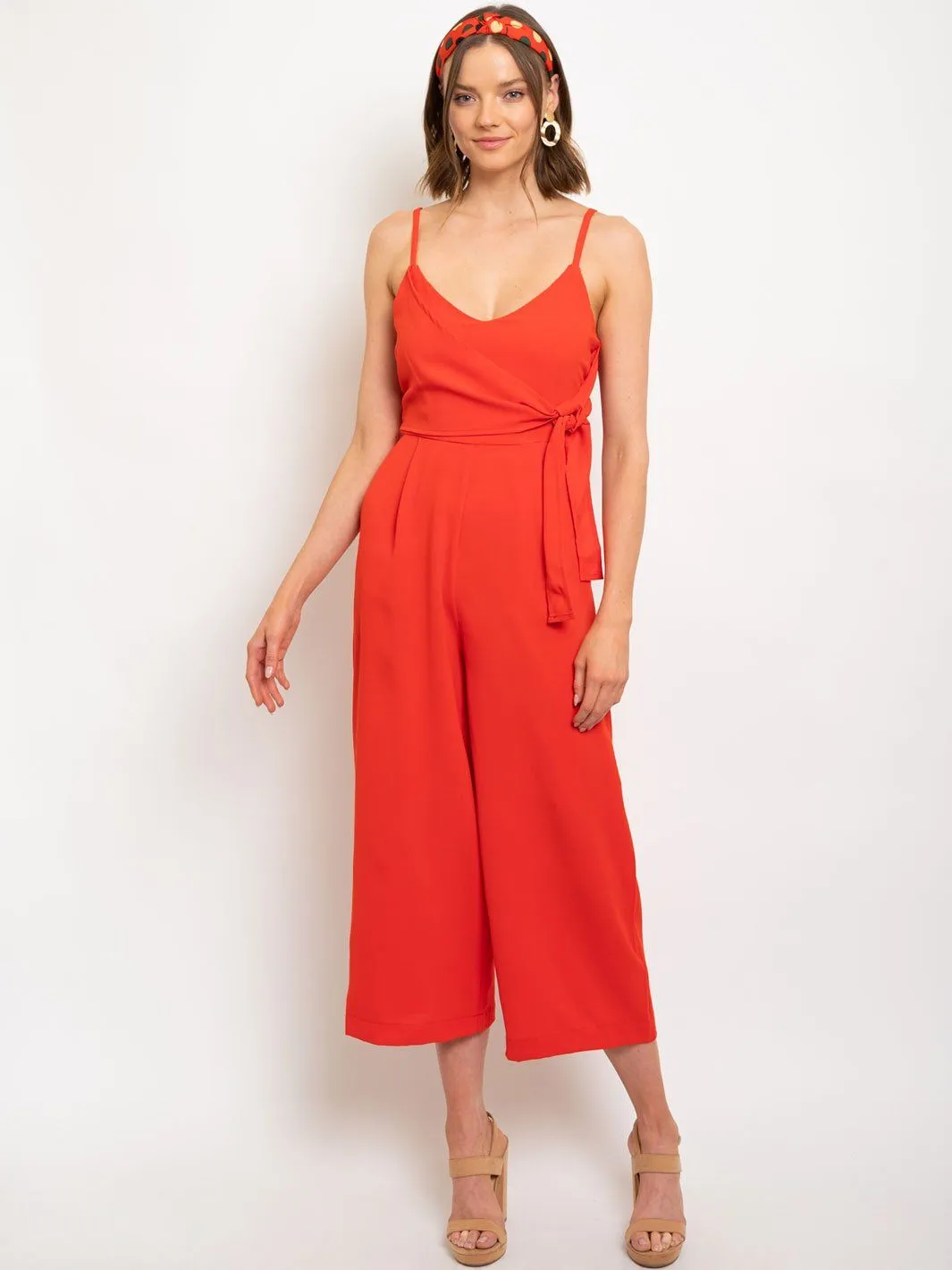 WOMEN'S SIDE TIE DETAIL RED JUMPSUIT