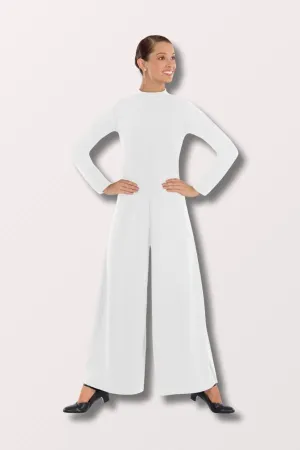 Women's Simplicity Long Sleeve Wide Leg High Neck Praise Jumpsuit - White
