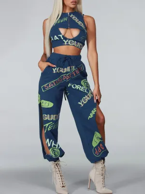 WOMEN'S SLEEVELESS 3PC. TOP & PANTS GRAPHIC SET