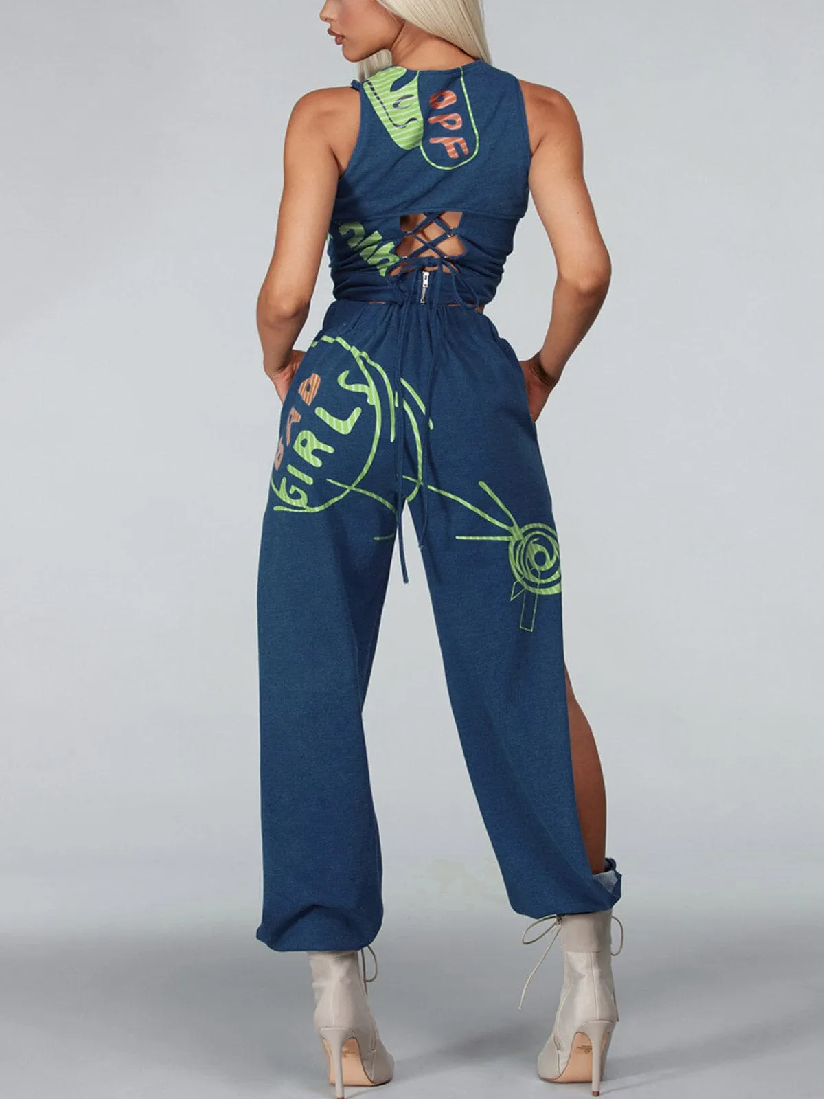 WOMEN'S SLEEVELESS 3PC. TOP & PANTS GRAPHIC SET
