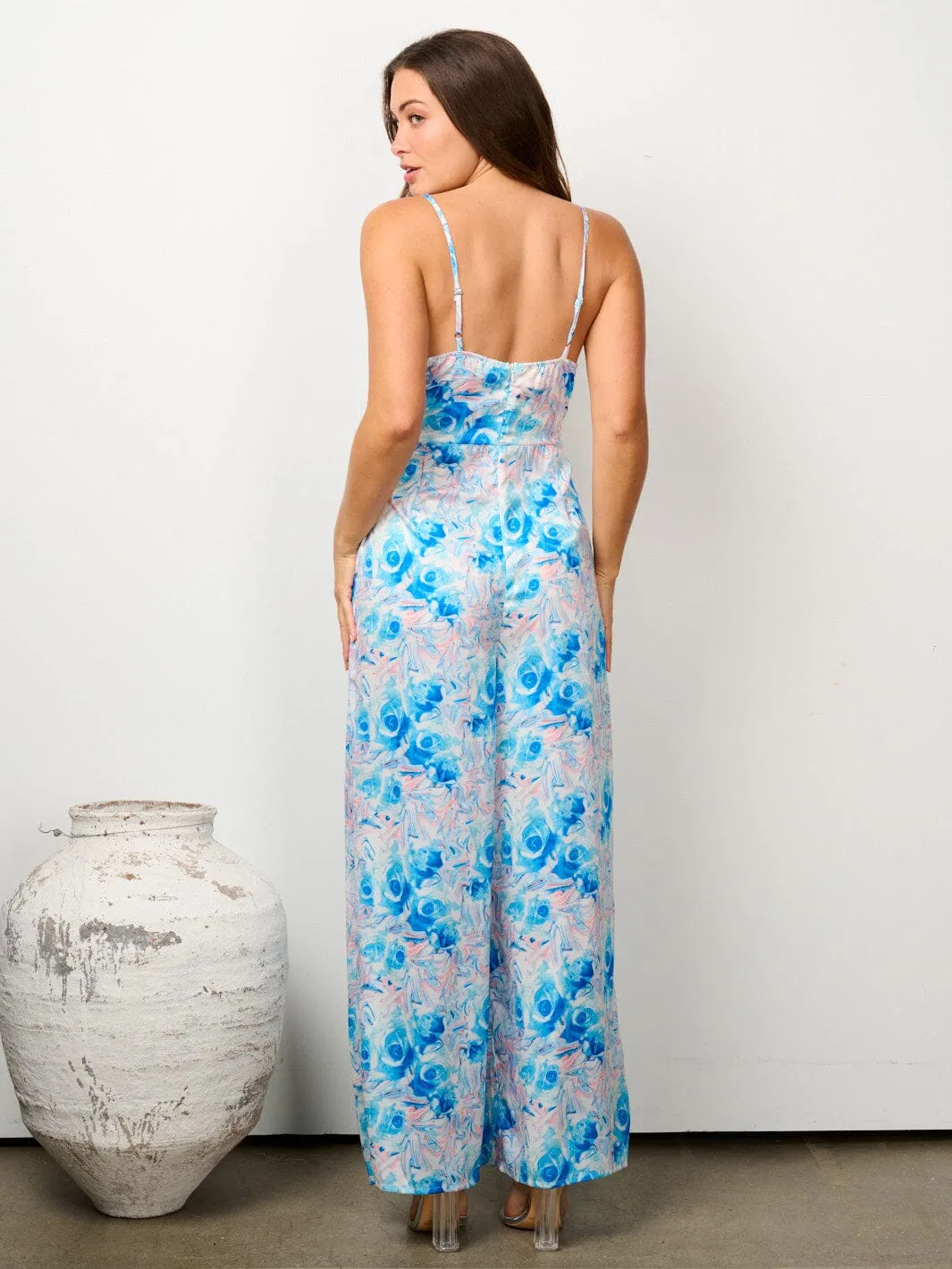 WOMEN'S SLEEVELESS V-NECK FRONT TWIST WIDE LEG FLORAL JUMPSUIT