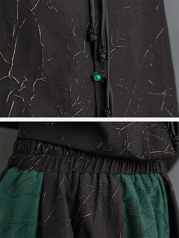 Women's Tang Suit Tassel Button Contrast Color Shirt & Lantern Skirt