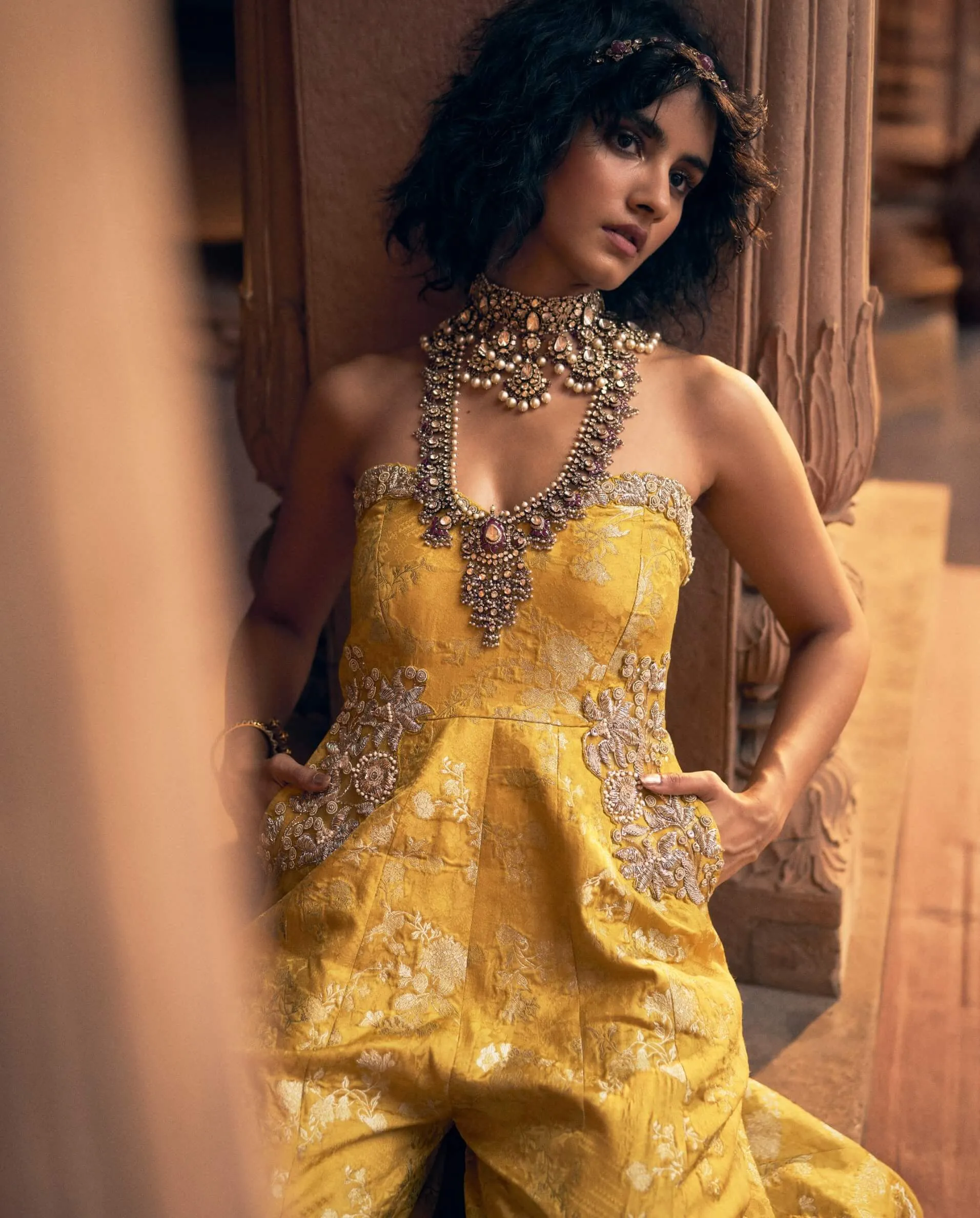 Yellow floral jacquard jumpsuit