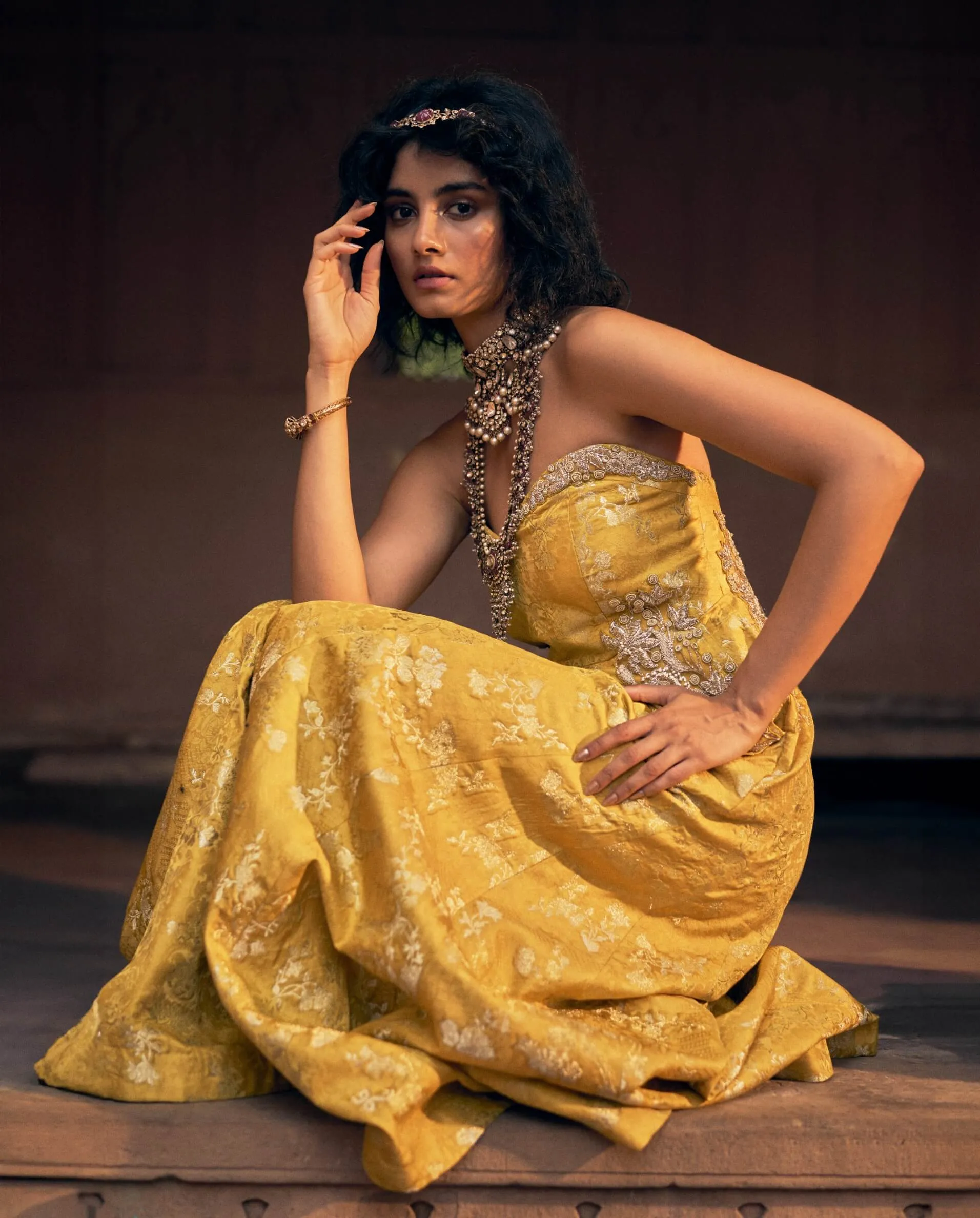 Yellow floral jacquard jumpsuit