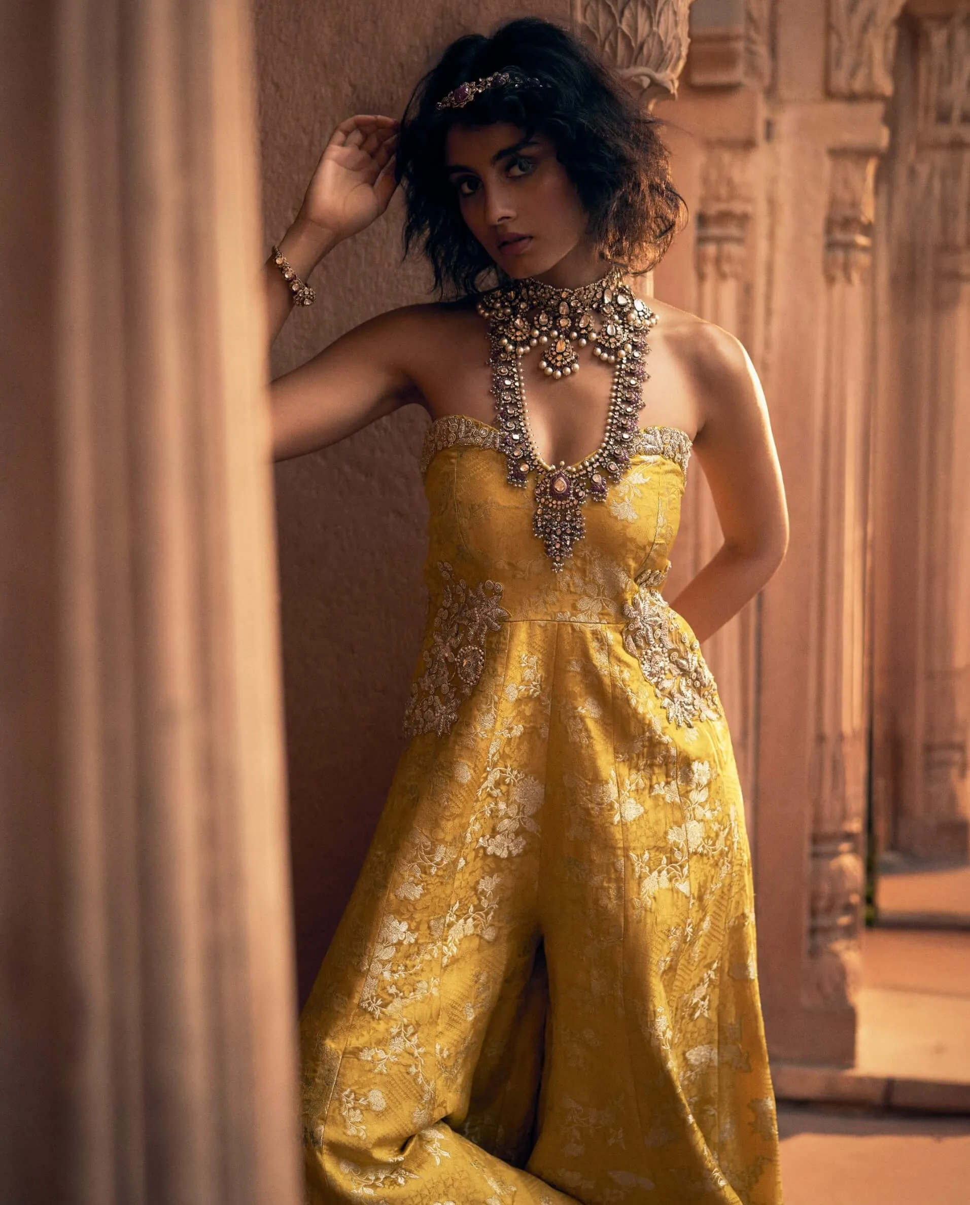 Yellow floral jacquard jumpsuit