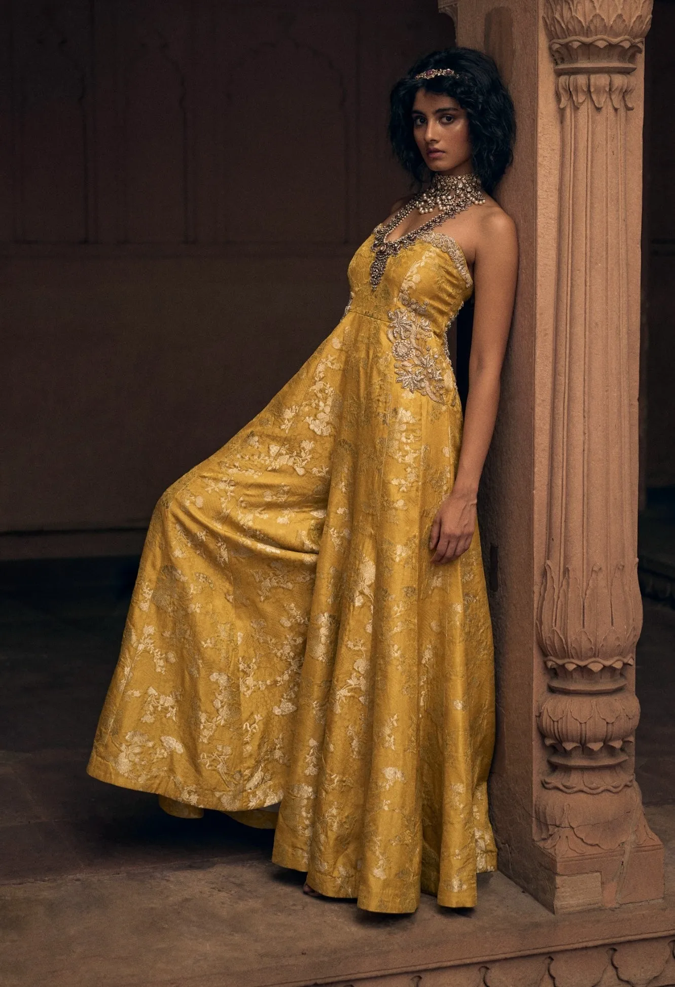 Yellow floral jacquard jumpsuit